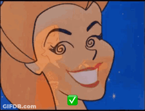 A Cartoon Of A Woman With A Swirling Face And A Green Check Mark GIF