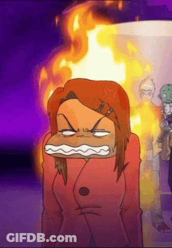 A Cartoon Of A Woman With An Angry Face And A Fire Behind Her GIF