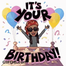 A Cartoon Of A Woman With Balloons And Confetti Says It 'S Your Birthday ! GIF