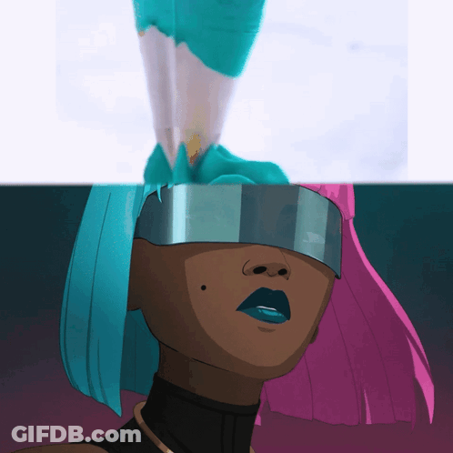 A Cartoon Of A Woman With Blue Hair And Pink Hair Wearing Futuristic Glasses GIF