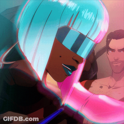 A Cartoon Of A Woman With Blue Hair And The Name Vickey On The Bottom Right GIF