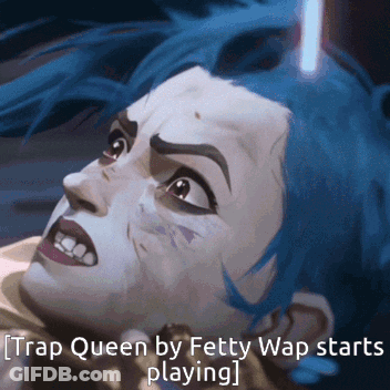 A Cartoon Of A Woman With Blue Hair With The Caption Trap Queen By Fetty Wap Starts Playing GIF
