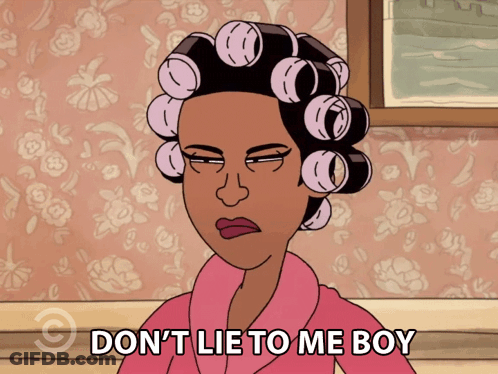 A Cartoon Of A Woman With Curlers On Her Hair And The Words " Don 'T Lie To Me Boy " GIF
