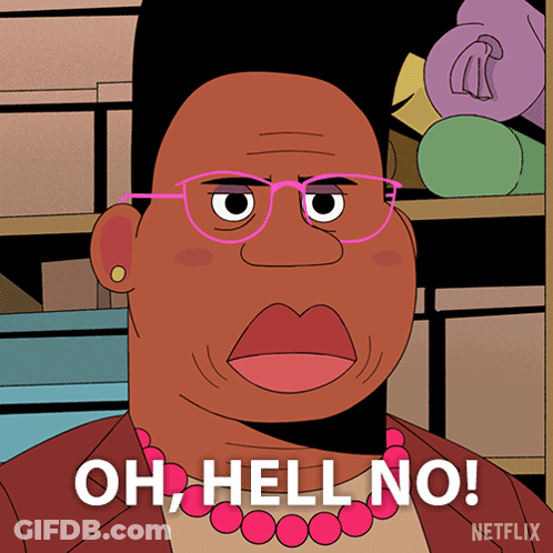 A Cartoon Of A Woman With Glasses And A Necklace Says Oh Hell No GIF