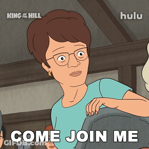 A Cartoon Of A Woman With Glasses And The Words Come Join Me GIF