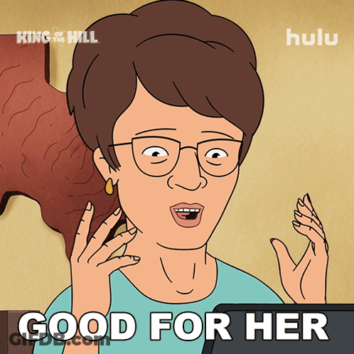 A Cartoon Of A Woman With Glasses And The Words Good For Her GIF