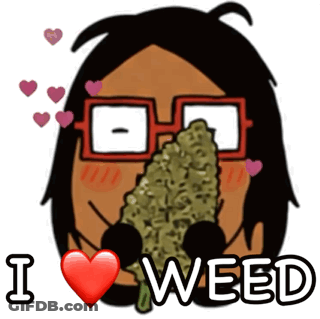 A Cartoon Of A Woman With Glasses Holding A Marijuana Bud And The Words I Love Weed Below Her GIF