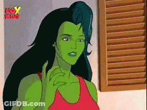 A Cartoon Of A Woman With Green Hair And A Fox Logo Behind Her GIF