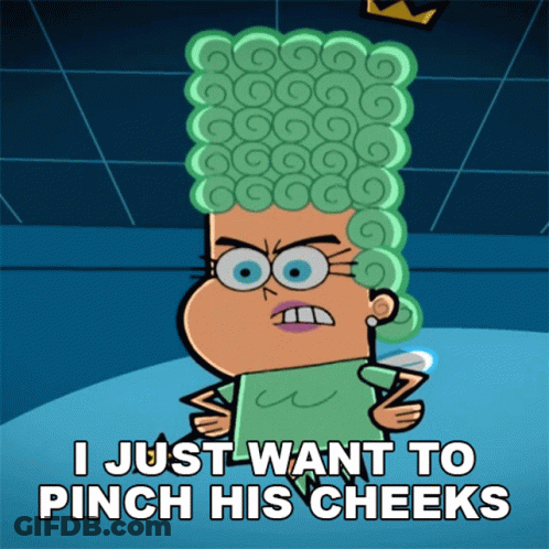 A Cartoon Of A Woman With Green Hair Says I Just Want To Pinch His Cheeks GIF