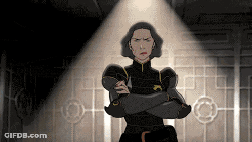 A Cartoon Of A Woman With Her Arms Crossed In Front Of A Spotlight GIF