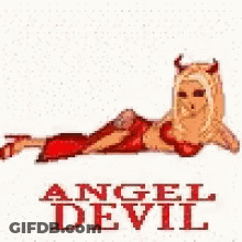 A Cartoon Of A Woman With Horns Laying Down With The Words Angel Devil Above Her . GIF