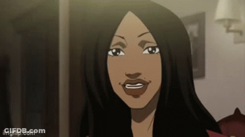 A Cartoon Of A Woman With Long Black Hair Is Smiling . GIF
