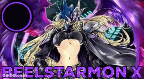 A Cartoon Of A Woman With Long Blonde Hair And A Purple Background With The Words Beelstarmon X Written On It . GIF