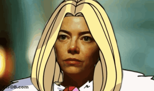 A Cartoon Of A Woman With Long Blonde Hair And A Red Tie GIF