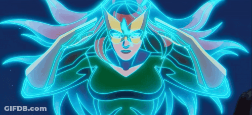 A Cartoon Of A Woman With Long Hair And A Blue Light Behind Her . GIF