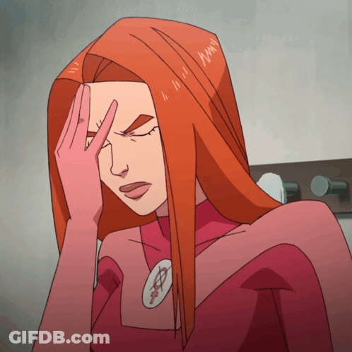 A Cartoon Of A Woman With Long Red Hair Holding Her Head GIF
