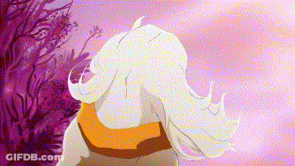 A Cartoon Of A Woman With Long White Hair And A Scarf Around Her Neck GIF