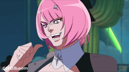 A Cartoon Of A Woman With Pink Hair And Purple Eyes Says Zero Visual Works On The Bottom GIF