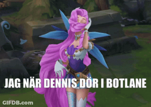 A Cartoon Of A Woman With Purple Hair And The Words Jag När Dennis Dori I Botlane GIF