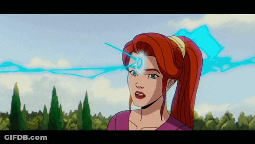 A Cartoon Of A Woman With Red Hair And A Blue Light Coming Out Of Her Head GIF