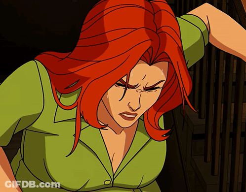 A Cartoon Of A Woman With Red Hair And A Green Top GIF