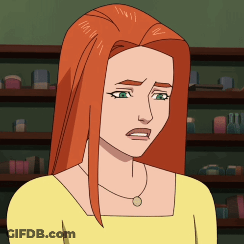 A Cartoon Of A Woman With Red Hair And A Yellow Shirt Making A Sad Face GIF