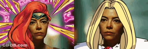 A Cartoon Of A Woman With Red Hair And Blonde Hair GIF