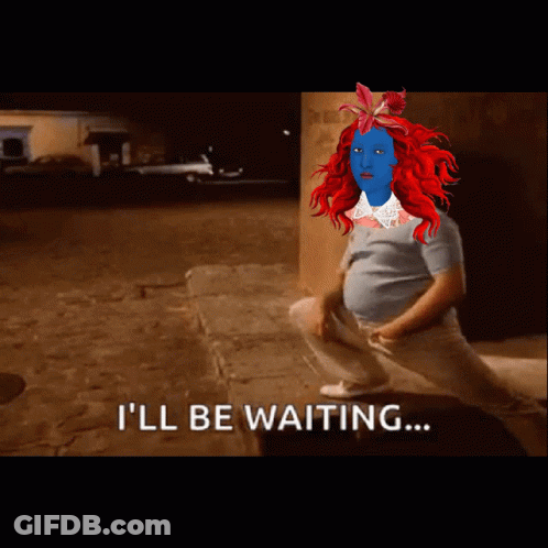 A Cartoon Of A Woman With Red Hair And The Words " I 'Ll Be Waiting " GIF