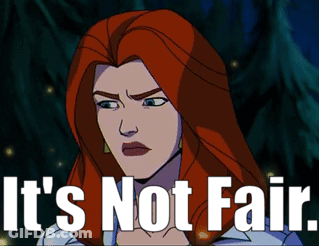 A Cartoon Of A Woman With Red Hair And The Words It 'S Not Fair GIF