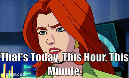 A Cartoon Of A Woman With Red Hair And The Words That 'S Today This Hour This Minute GIF
