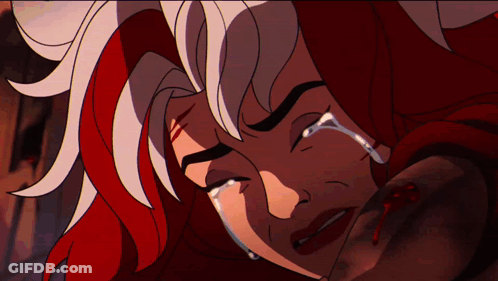 A Cartoon Of A Woman With Red Hair And White Hair Crying GIF