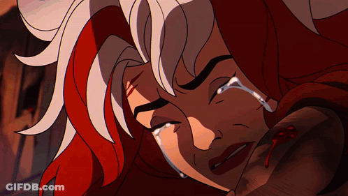 A Cartoon Of A Woman With Red Hair And White Hair Crying GIF