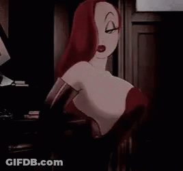 A Cartoon Of A Woman With Red Hair Is Standing In Front Of A Door In A Dark Room . GIF
