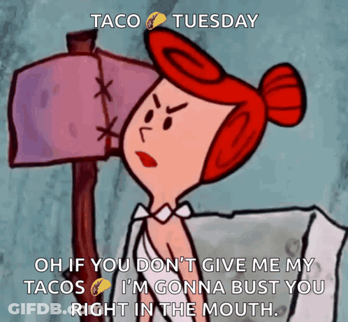 A Cartoon Of A Woman With Red Hair Says Taco Tuesday On The Bottom GIF