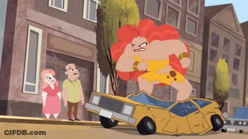A Cartoon Of A Woman With Red Hair Standing Next To A Broken Car GIF