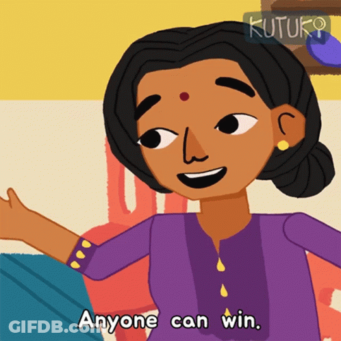 A Cartoon Of A Woman With The Words Anyone Can Win Below Her GIF