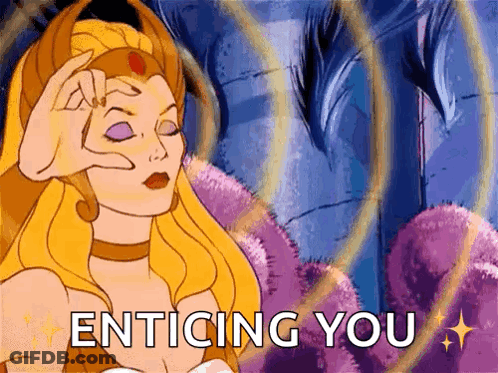 A Cartoon Of A Woman With The Words " Enticing You " Below Her GIF