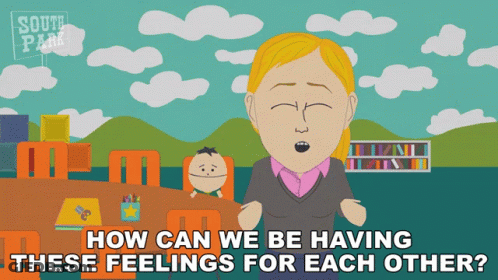 A Cartoon Of A Woman With The Words " How Can We Be Having These Feelings For Each Other " Below Her GIF