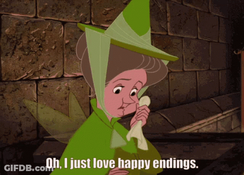 A Cartoon Of A Woman With The Words Oh I Just Love Happy Endings Below Her GIF