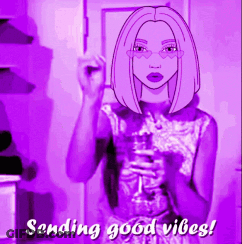 A Cartoon Of A Woman With The Words Sending Good Vibes Below Her GIF