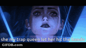 A Cartoon Of A Woman With The Words " She My Trap Queen Let Her Hit The Bando " GIF