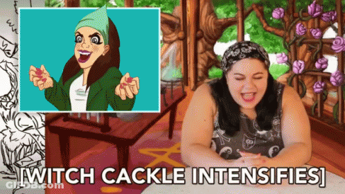 A Cartoon Of A Woman With The Words " Witch Cackle Intensifies " On The Bottom GIF