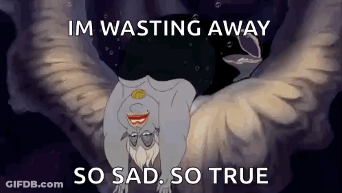 A Cartoon Of A Woman With Wings And The Words `` Im Wasting Away So Sad So True '' Written On It . GIF
