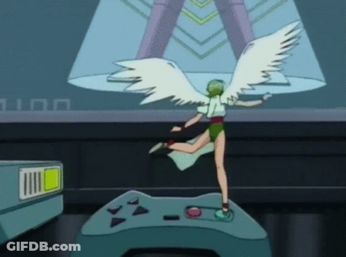 A Cartoon Of A Woman With Wings Standing On A Controller GIF