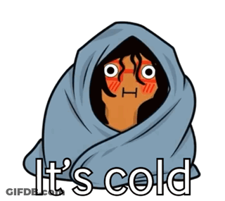 A Cartoon Of A Woman Wrapped In A Blanket With The Words " It 'S Cold " Below Her GIF