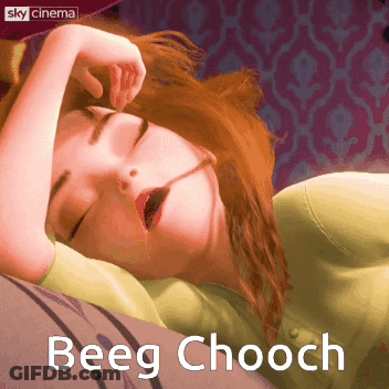 A Cartoon Of A Woman Yawning With The Words Beeg Chooch Above Her GIF