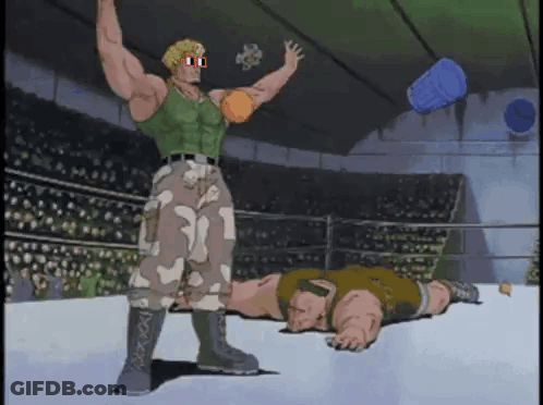A Cartoon Of A Wrestler Standing Next To Another Wrestler Laying On The Ground GIF
