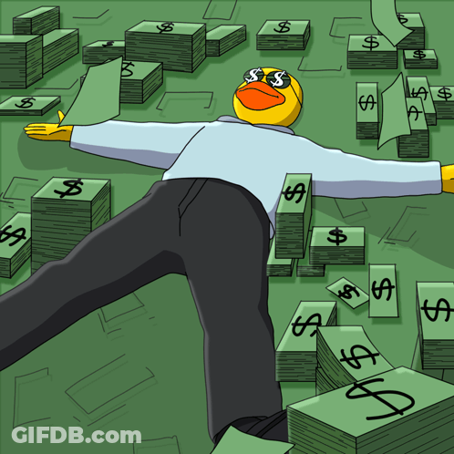 A Cartoon Of A Yellow Duck Laying On A Pile Of Dollar Bills GIF