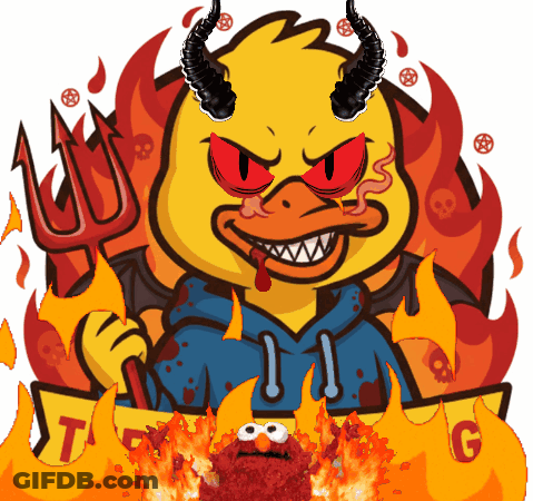 A Cartoon Of A Yellow Duck With Horns Holding A Trident In Front Of Flames GIF