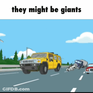 A Cartoon Of A Yellow Suv Driving Down A Highway With The Words " They Might Be Giants " Above It GIF